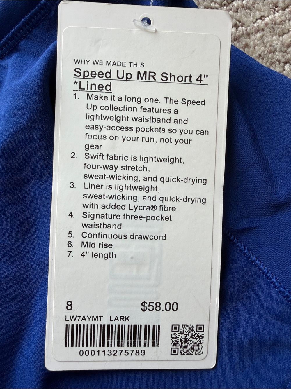*NEW* lululemon Cobalt Blue Women's Speed Up MR short 4” Athletic Shorts - Picture 2 of 4
